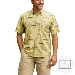 VTG Columbia Mens Camp Shirt Yellow Green Fish Print Short Sleeve Cotton Size XL